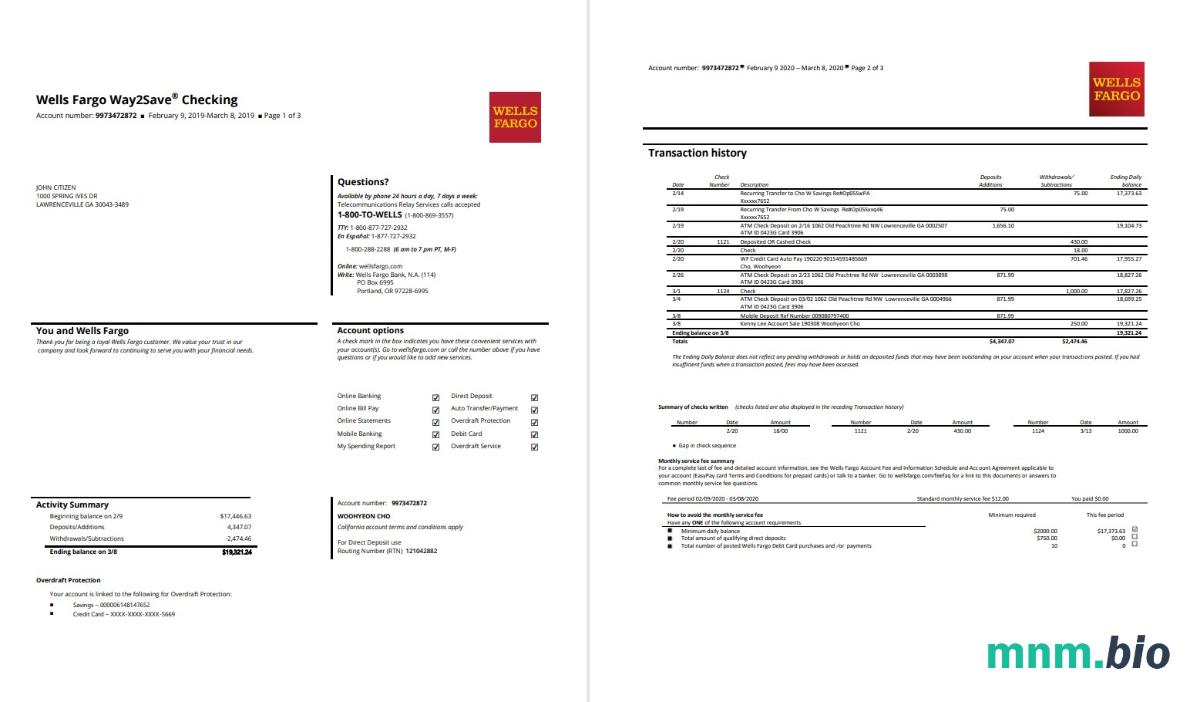 Szablon wyciągu z karty kredytowej USA Wells Fargo bank w programie Word i PDF